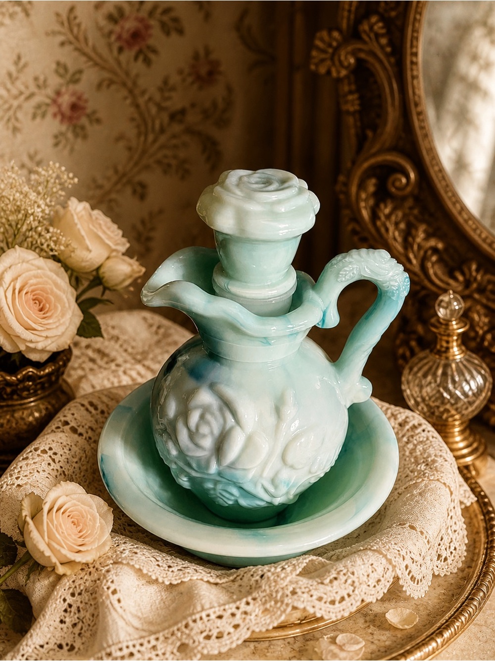 VINTAGE 1986 AVON Victorian Blue Green Milk Glass Rose Pitcher Basin Set